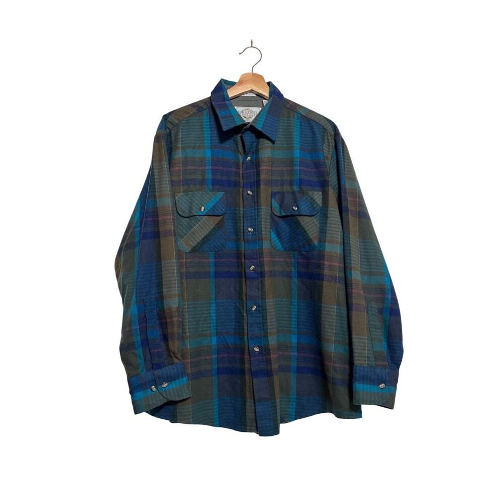 Vintage Northwest Territory Plaid Flannel Button Up Men's Sz L Blue Green